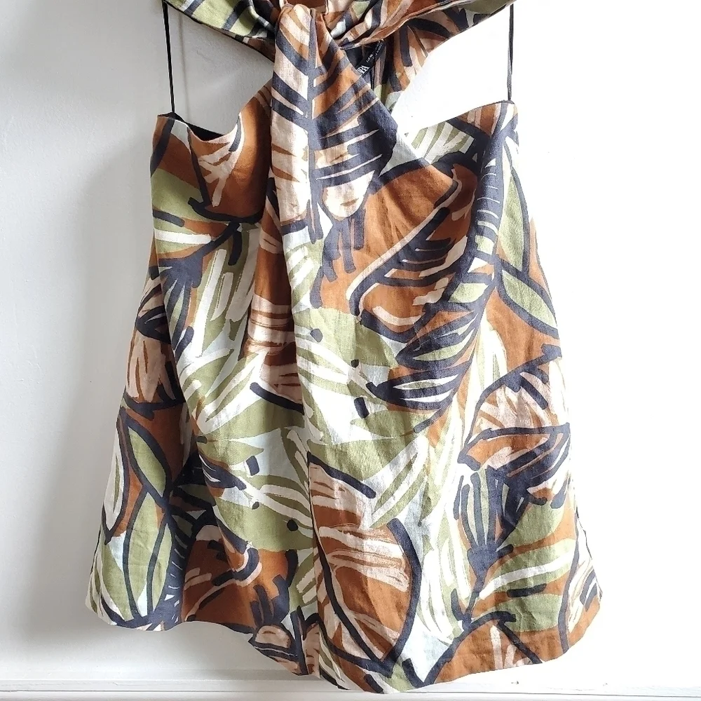 Zara Side Cutouts Spaghetti Straps Tropical Print Linen Mini Dress NWT S…